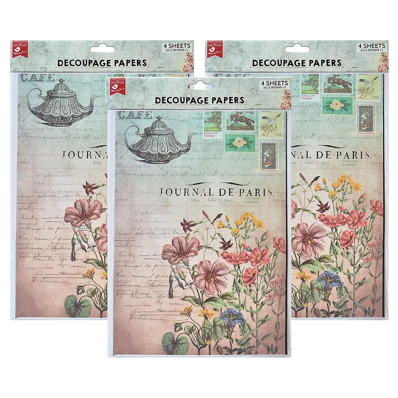 Pack of 3 - Little Birdie Decoupage Paper A4 4/Pkg-Caf Journal